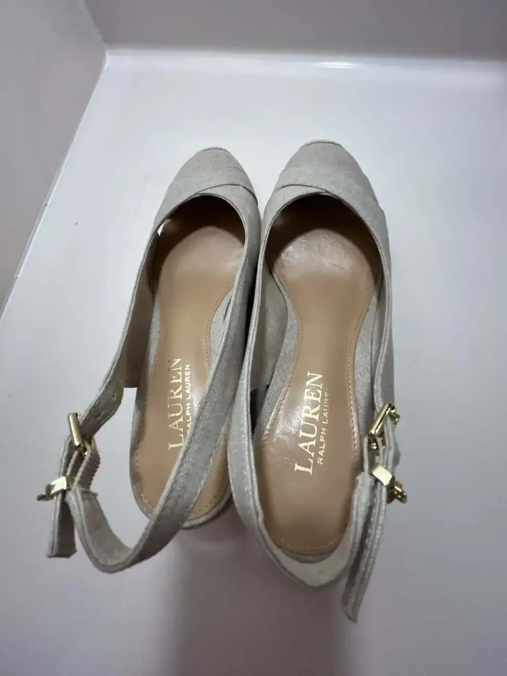 Lauren Ralph Lauren Beige Linen Slingback Wedge Espadrille Sandals